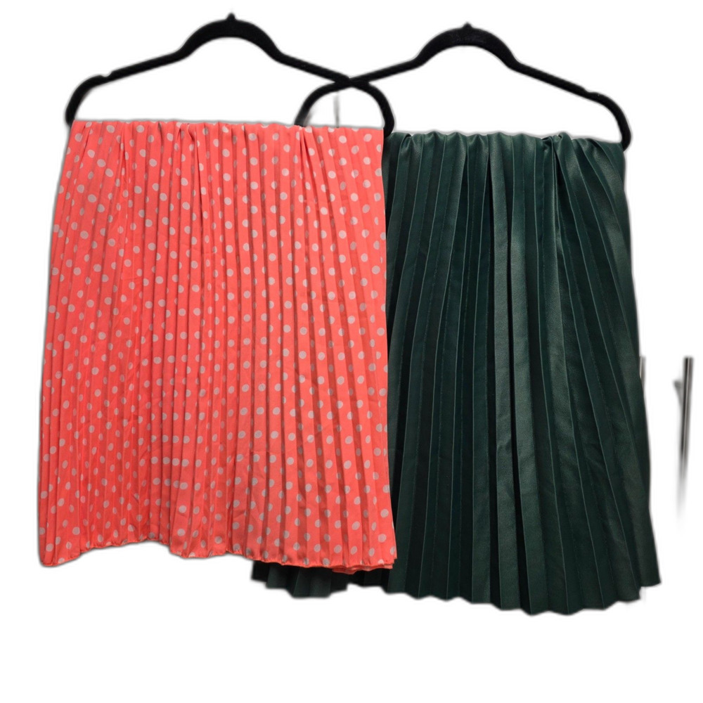 LuLaRoe Jill Pleated Skirt Bundle L Green Pleather & Coral Polka Dot NWT